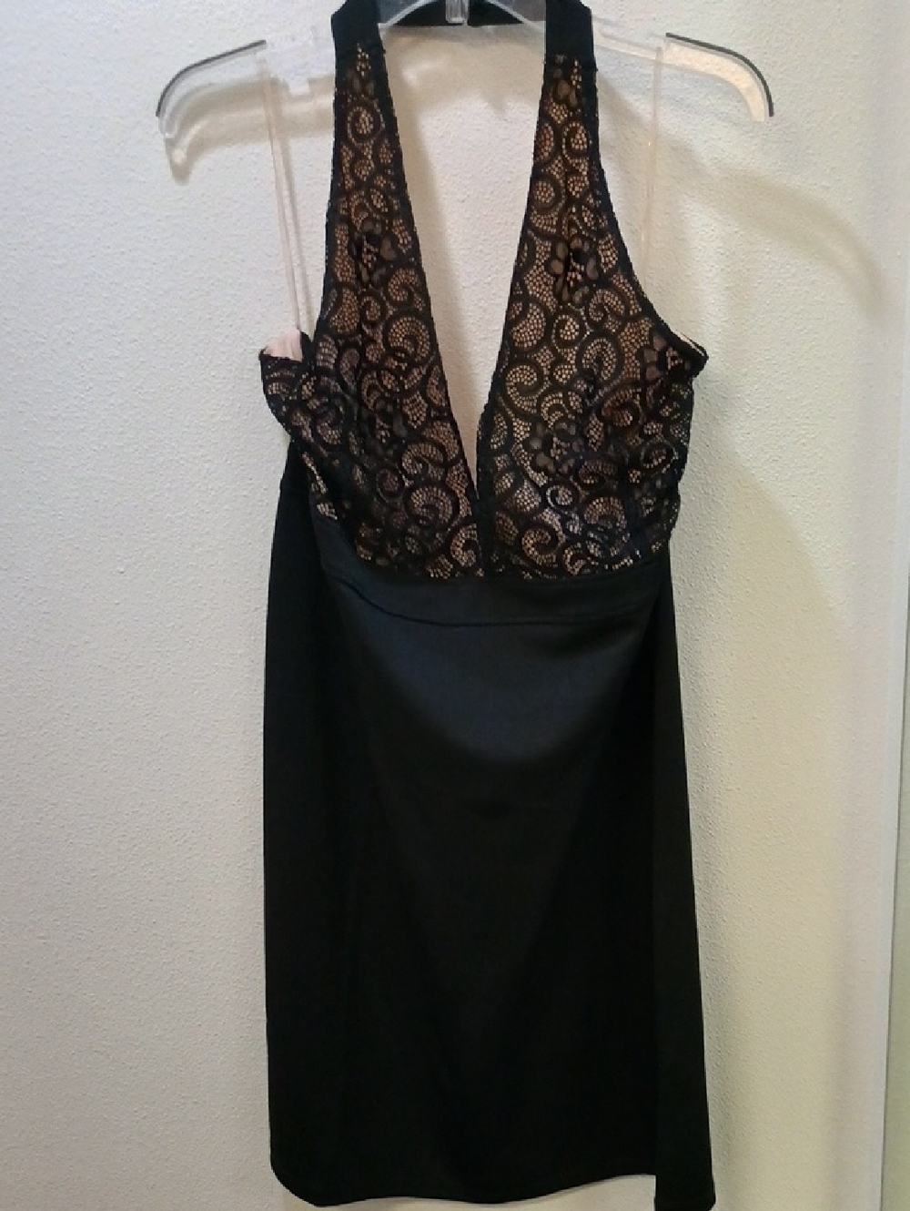 Lace-Detail Plunge Mini Dress in Black